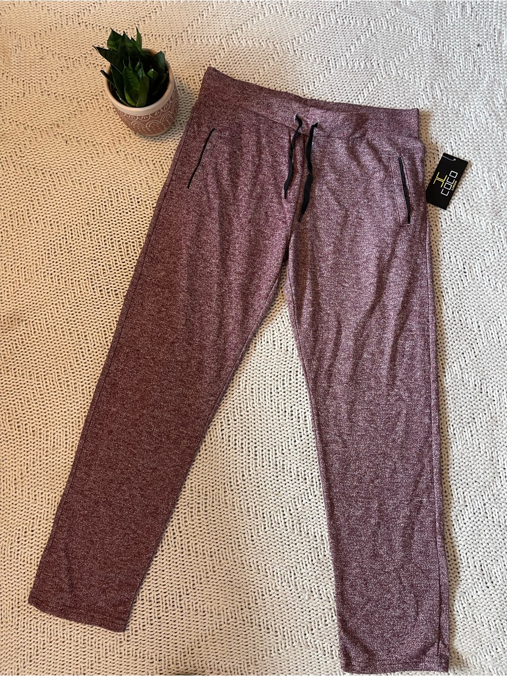 Coco Limon Heather Burgundy Knit Jogger Sweatpants NWT Drawstring Lounge